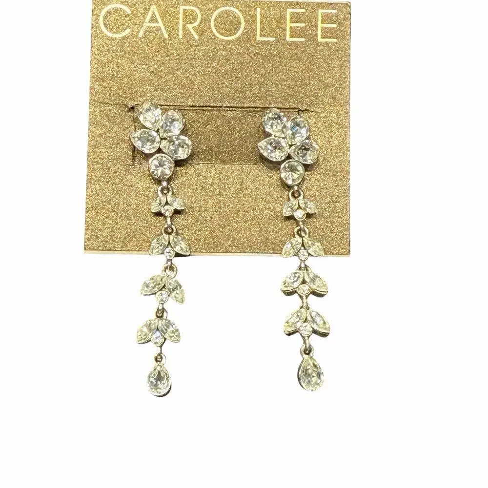 Carolee Silver Tone Clear Rhinestone Floral Cluster Dangle Earrings Stud